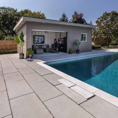 Inground Pool with Cabana & interlock patio landscaping installation in Whitby, Ontario